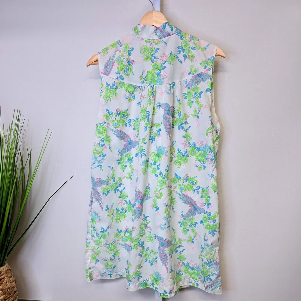 Vintage Sears Perma Prest Sleeveless Tie Neck Tunic Blouse Bird Floral Pastel XL